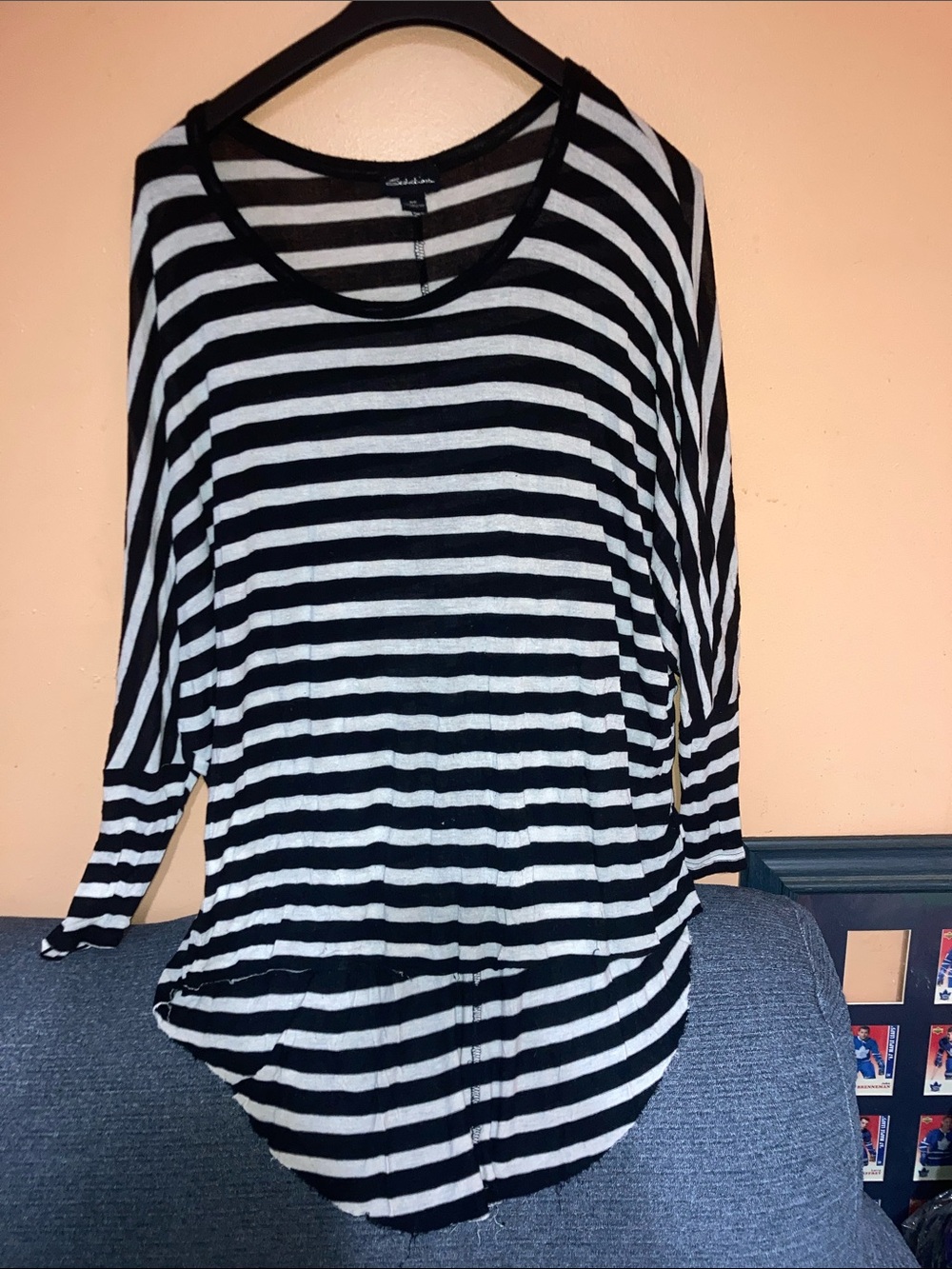 Black & White Striped Long Sleeve Scoop Neck Top - Women's